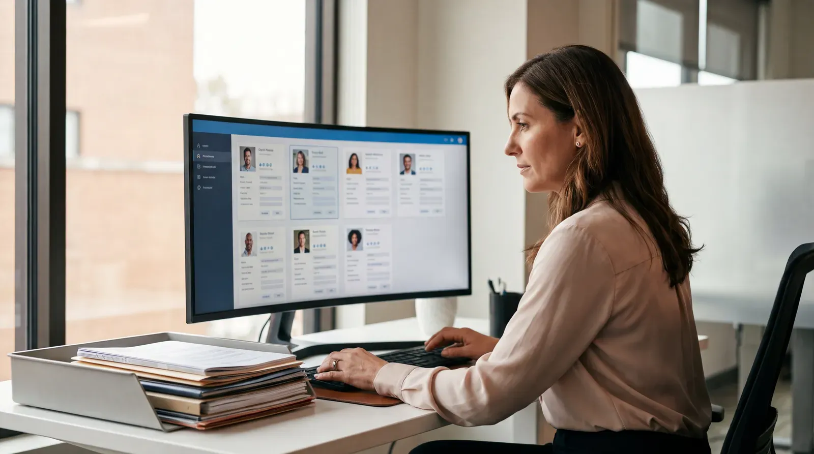 Profissional de recursos humanos compara perfis digitais apresentados numa estrutura comum.