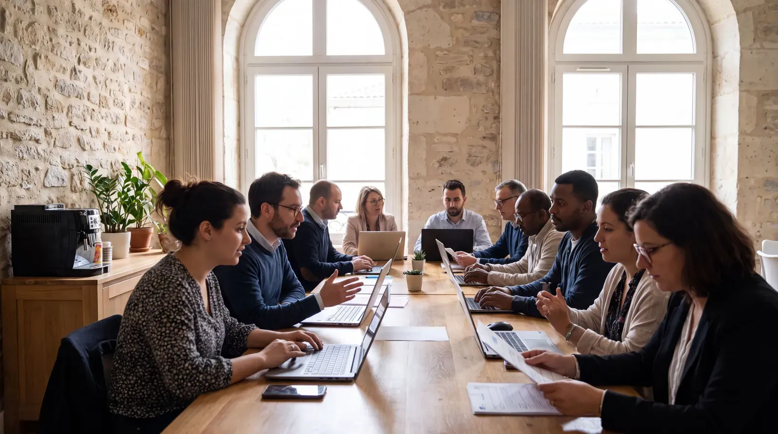 Permanence emploi locale avec candidats et conseillers autour d’ordinateurs