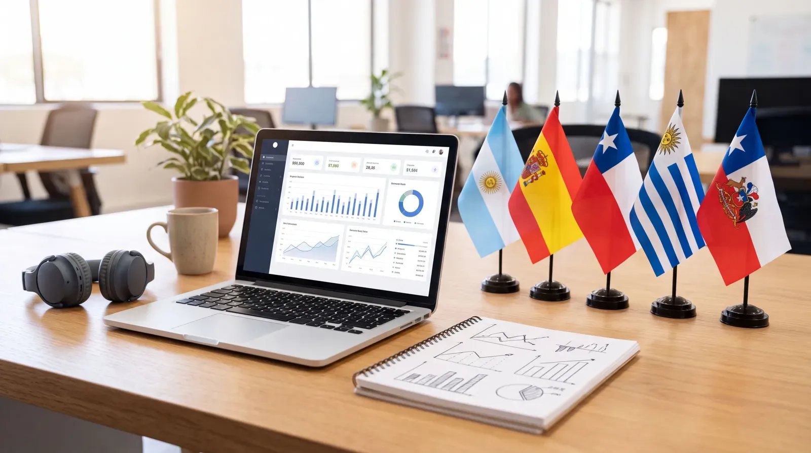Mesa de trabajo con señales visuales de idioma y salario