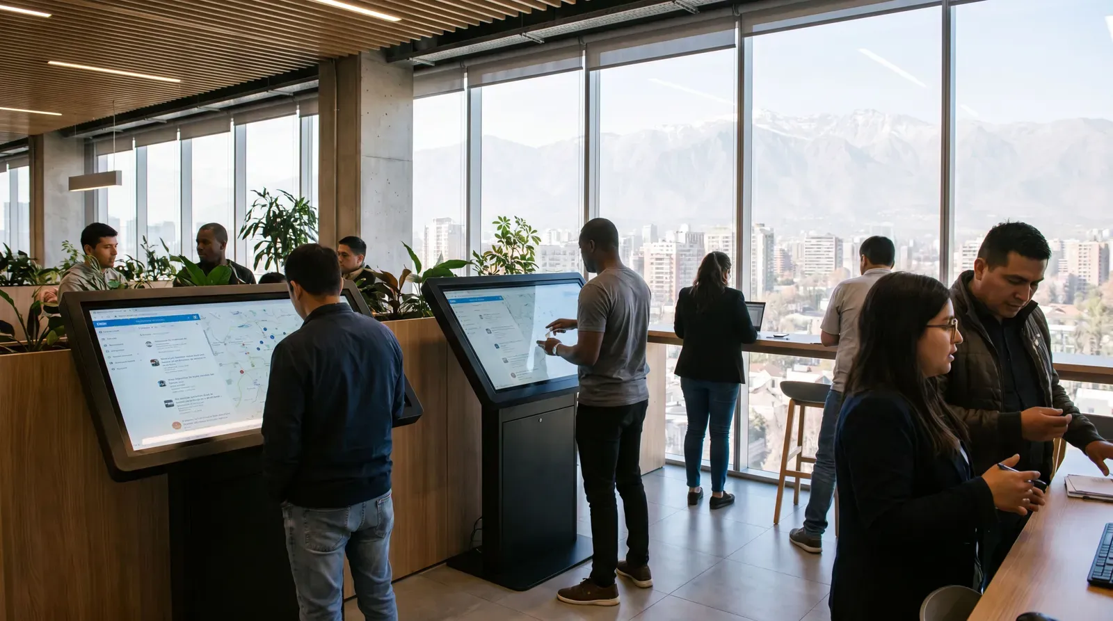 Personas revisando oportunidades laborales en una oficina moderna de Chile