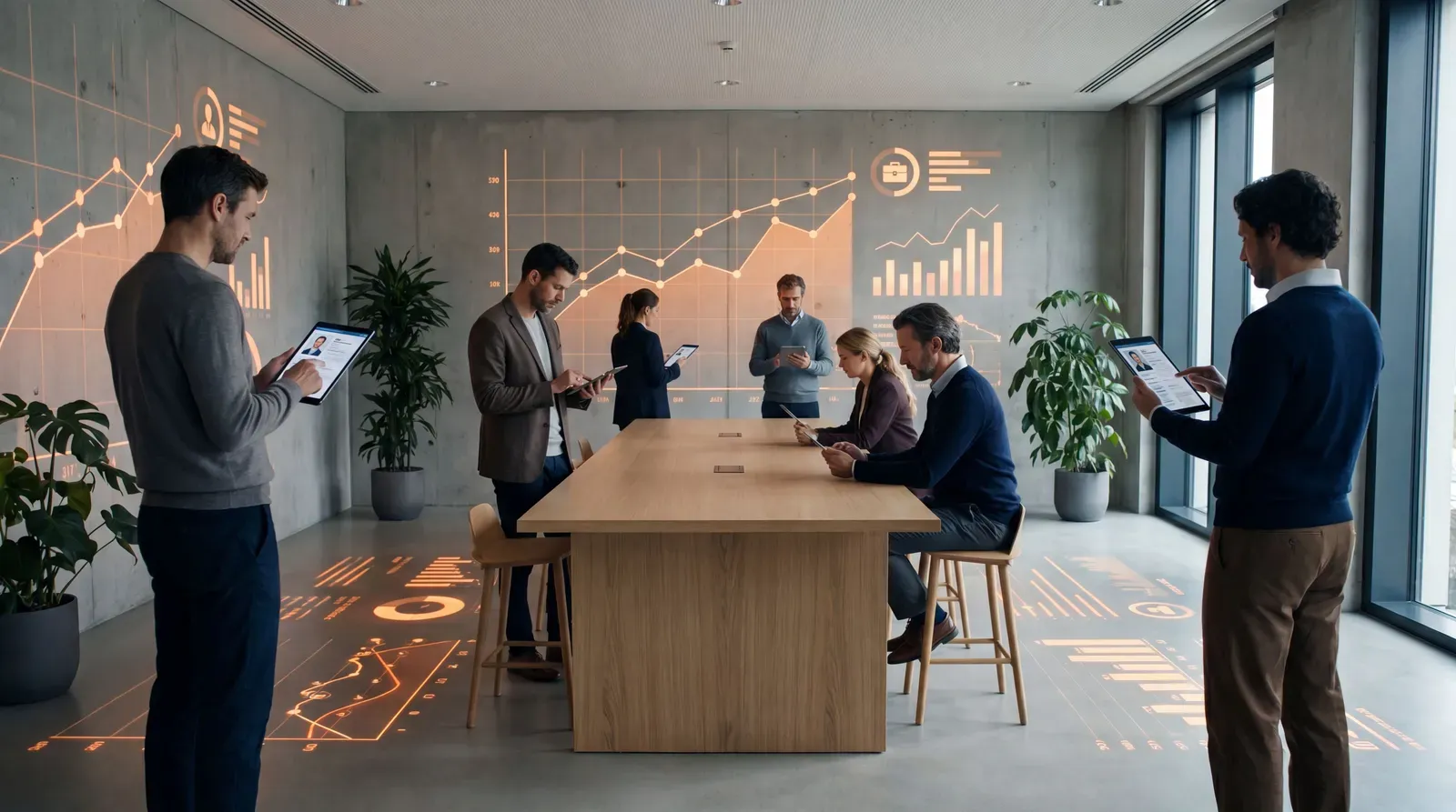 Mesa de empleo con perfiles digitales y gráficos abstractos