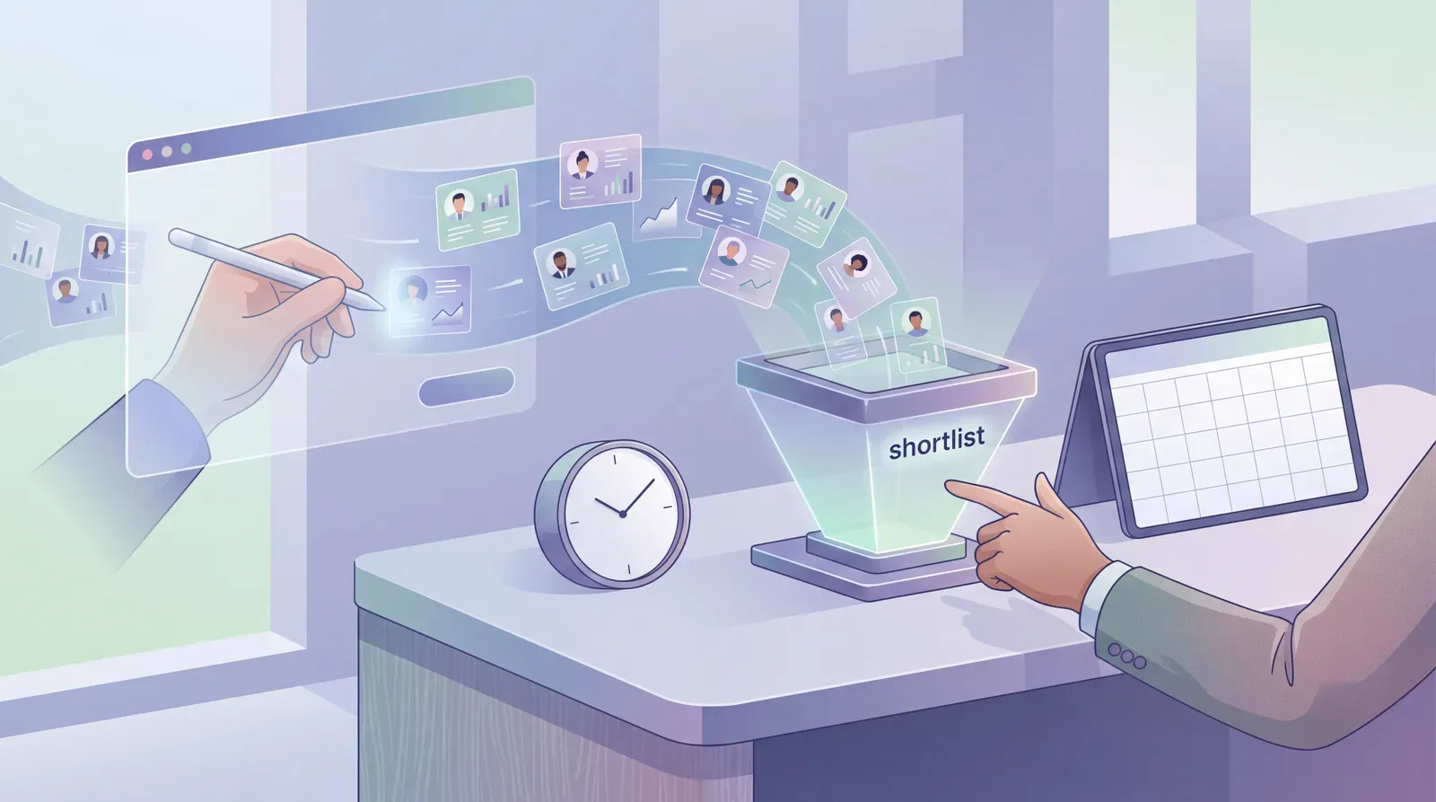 Structured applicant profiles flowing into a recruiter-reviewed shortlist