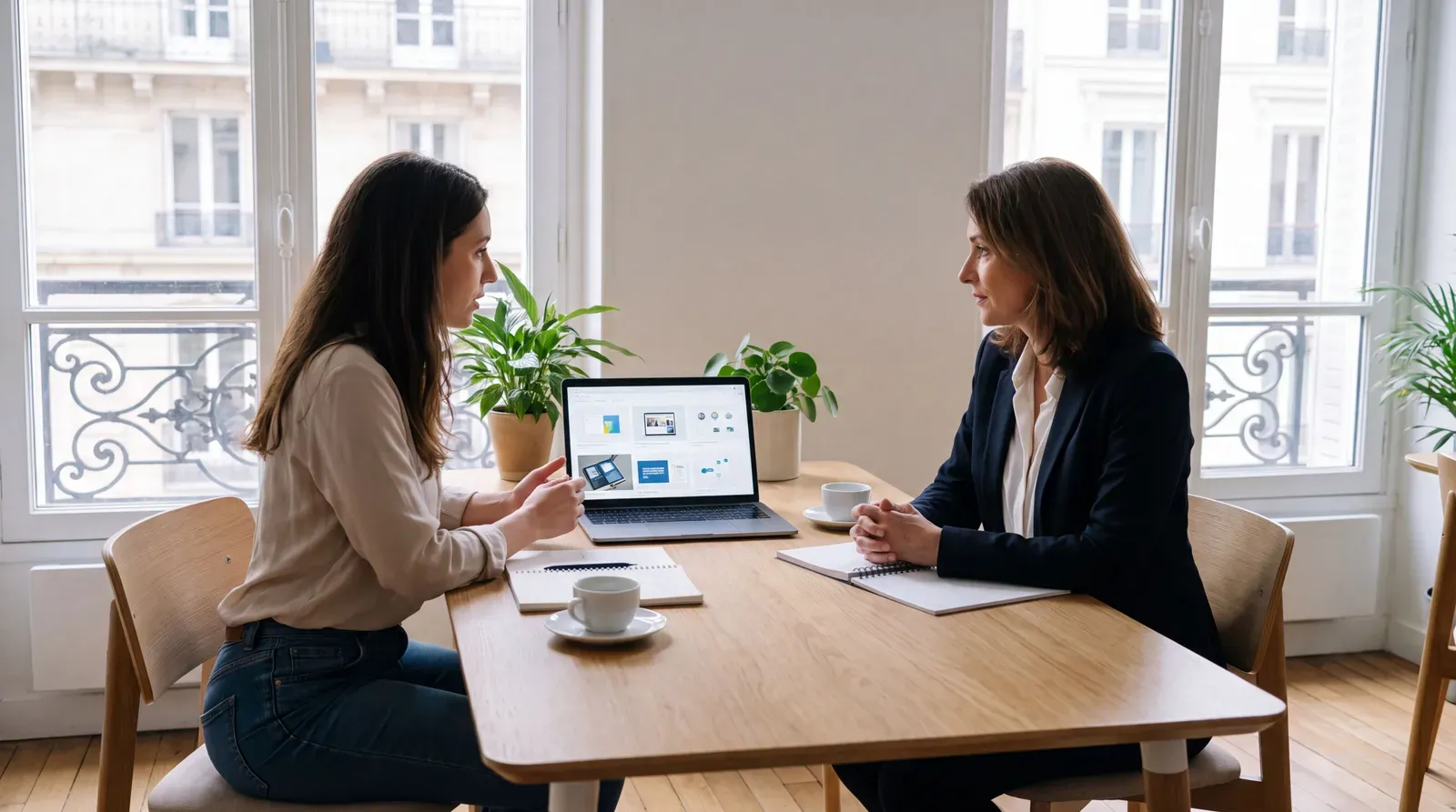 Candidate présentant ses projets numériques à une recruteuse