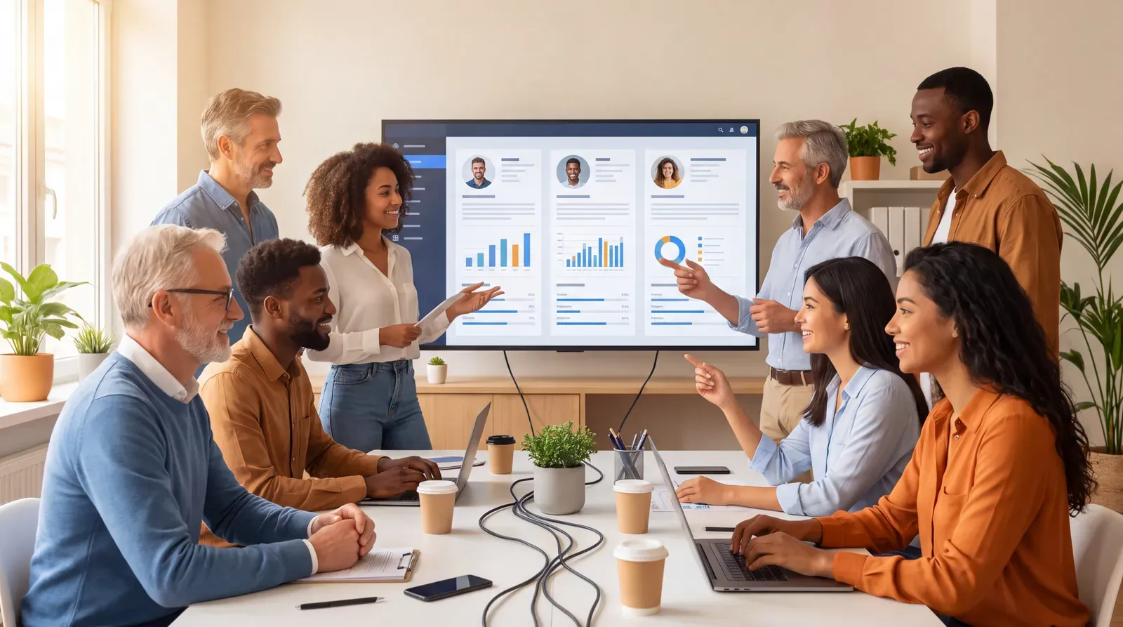 Recrutadores analisam perfis digitais numa plataforma de contratação