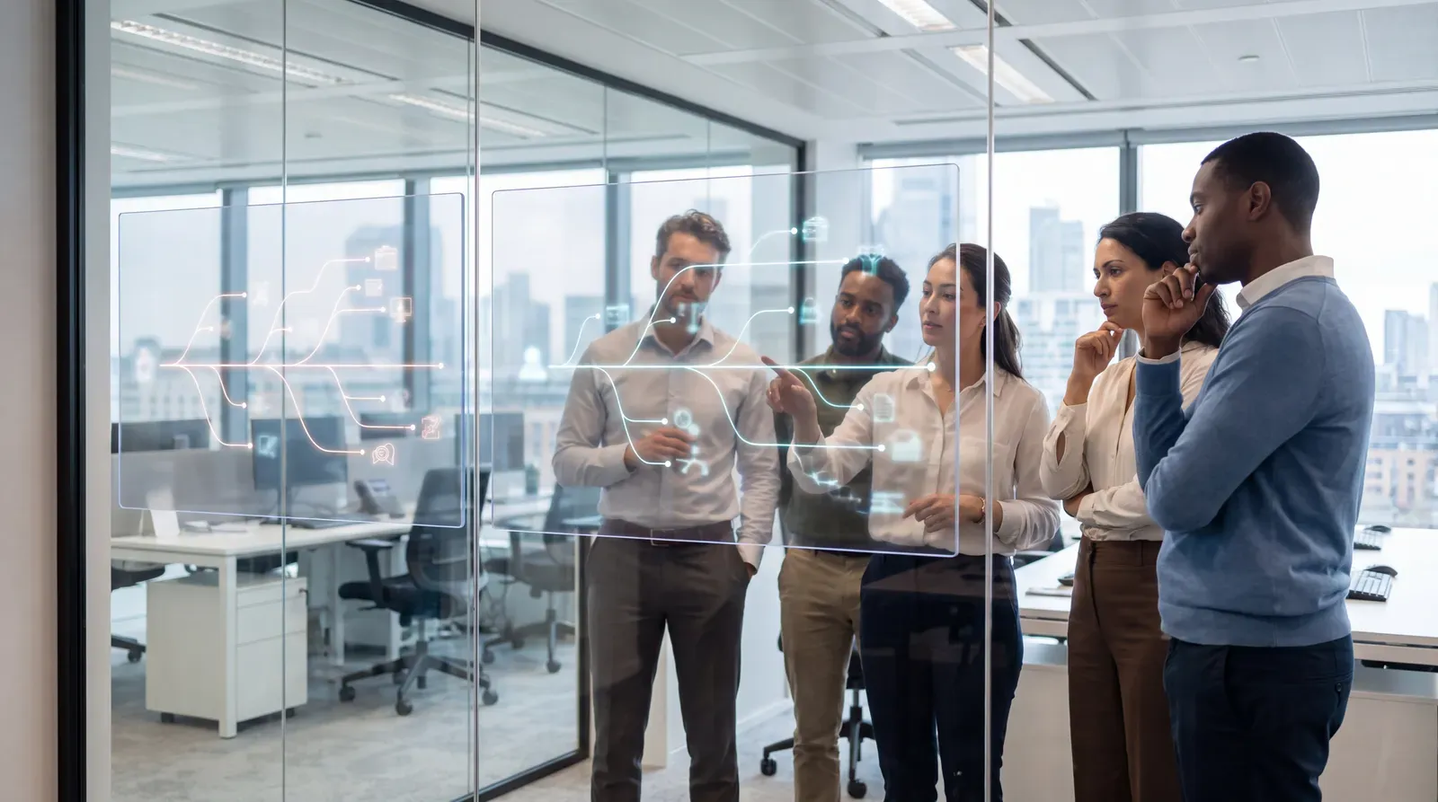 Recruiters examining branching career timelines in a hiring pipeline