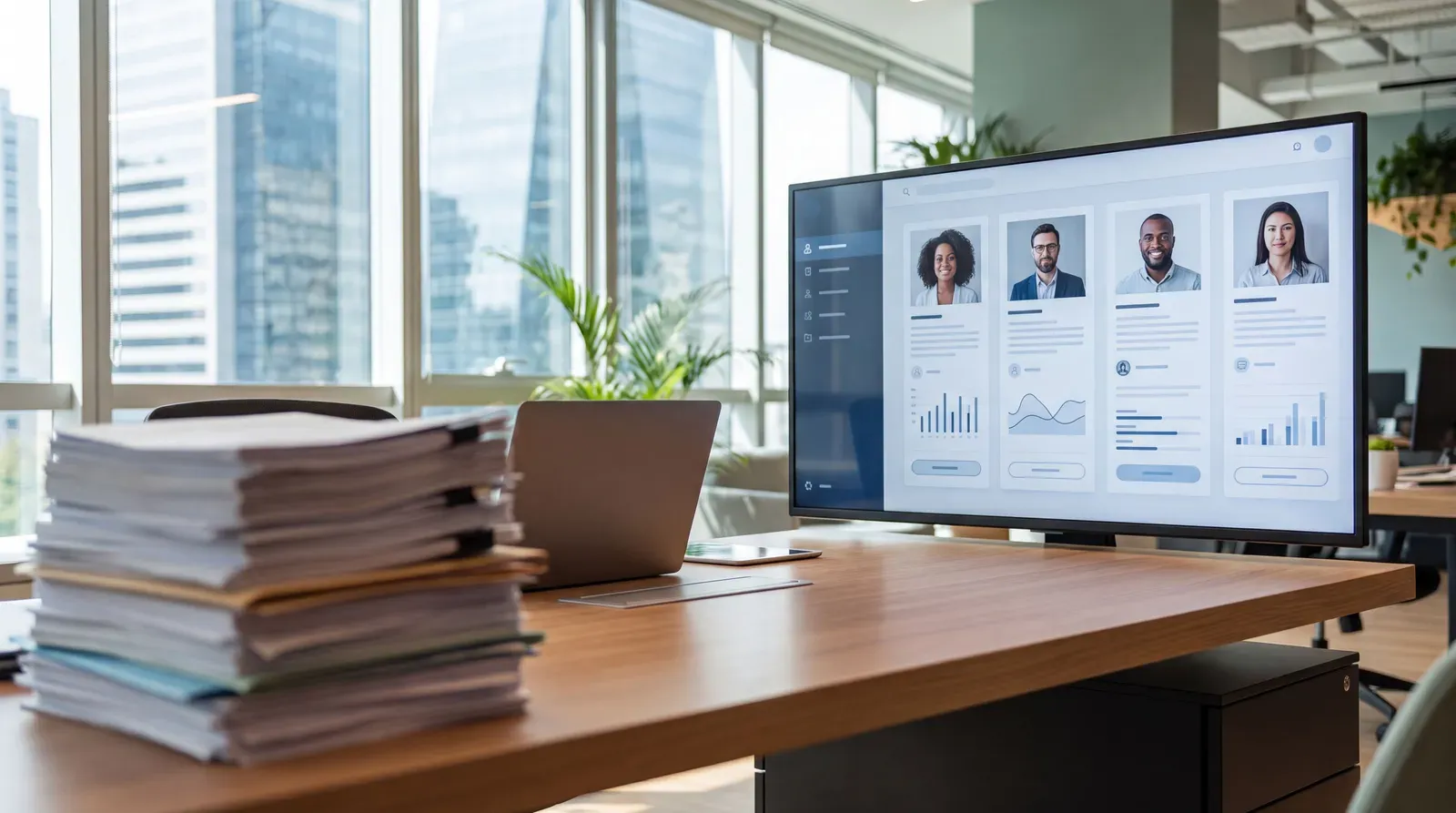 Mesa de recrutamento com currículos em papel e perfis digitais