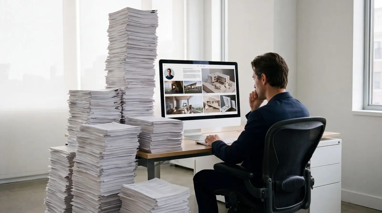 Pilha de currículos estáticos diante de um perfil profissional digital