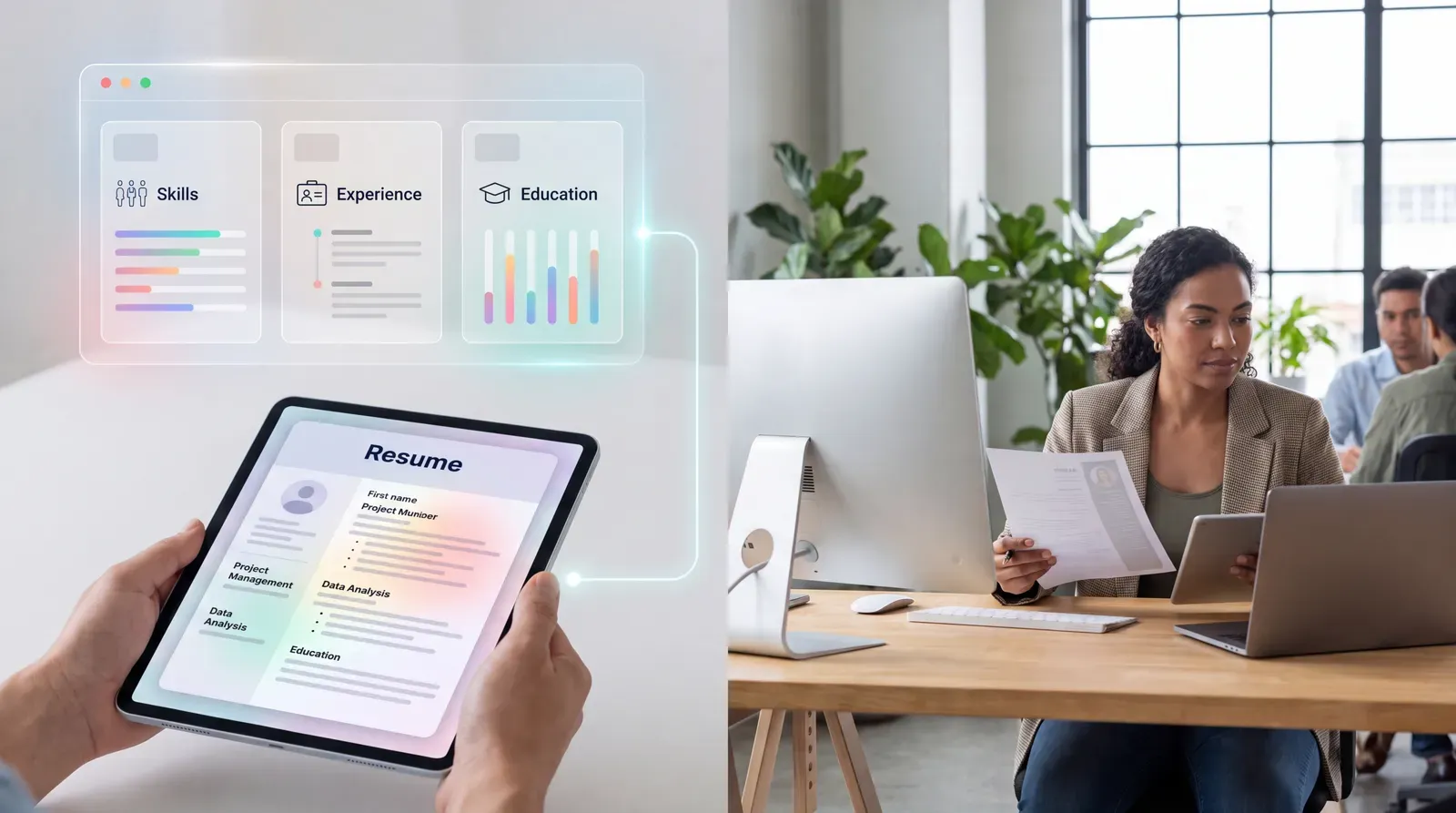 A resume being reviewed by screening software and a human recruiter