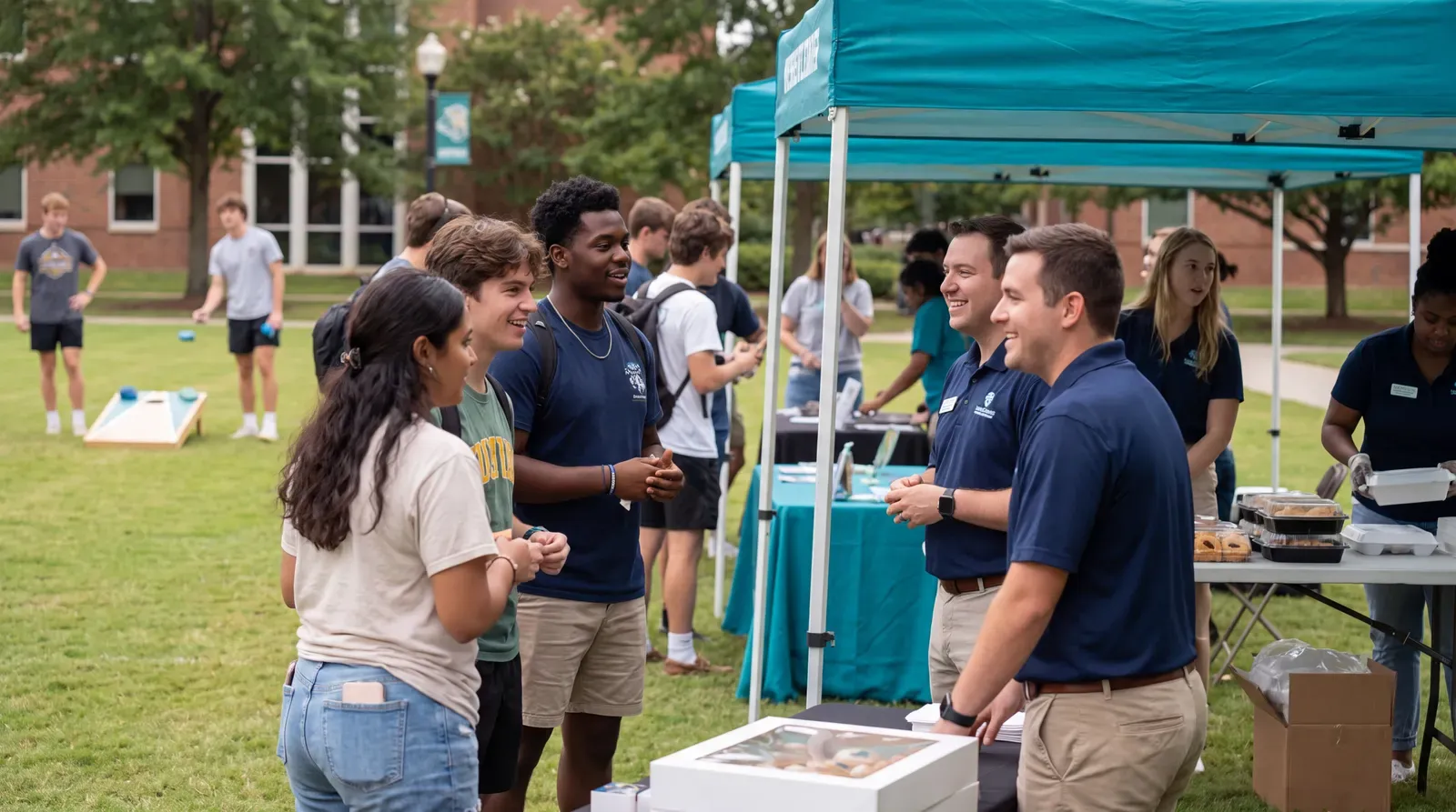 Students and campus staff talking at a welcoming teal event