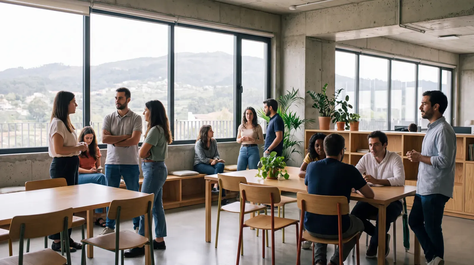 Profissionais numa empresa portuguesa, representando diferentes percursos e oportunidades de emprego