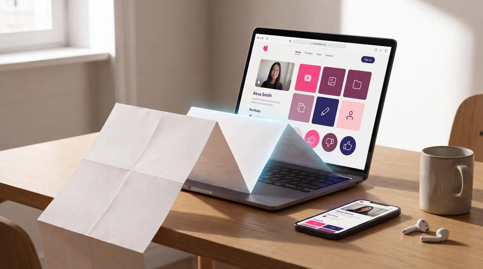 A paper resume transforming into an interactive virtual CV on a laptop and phone