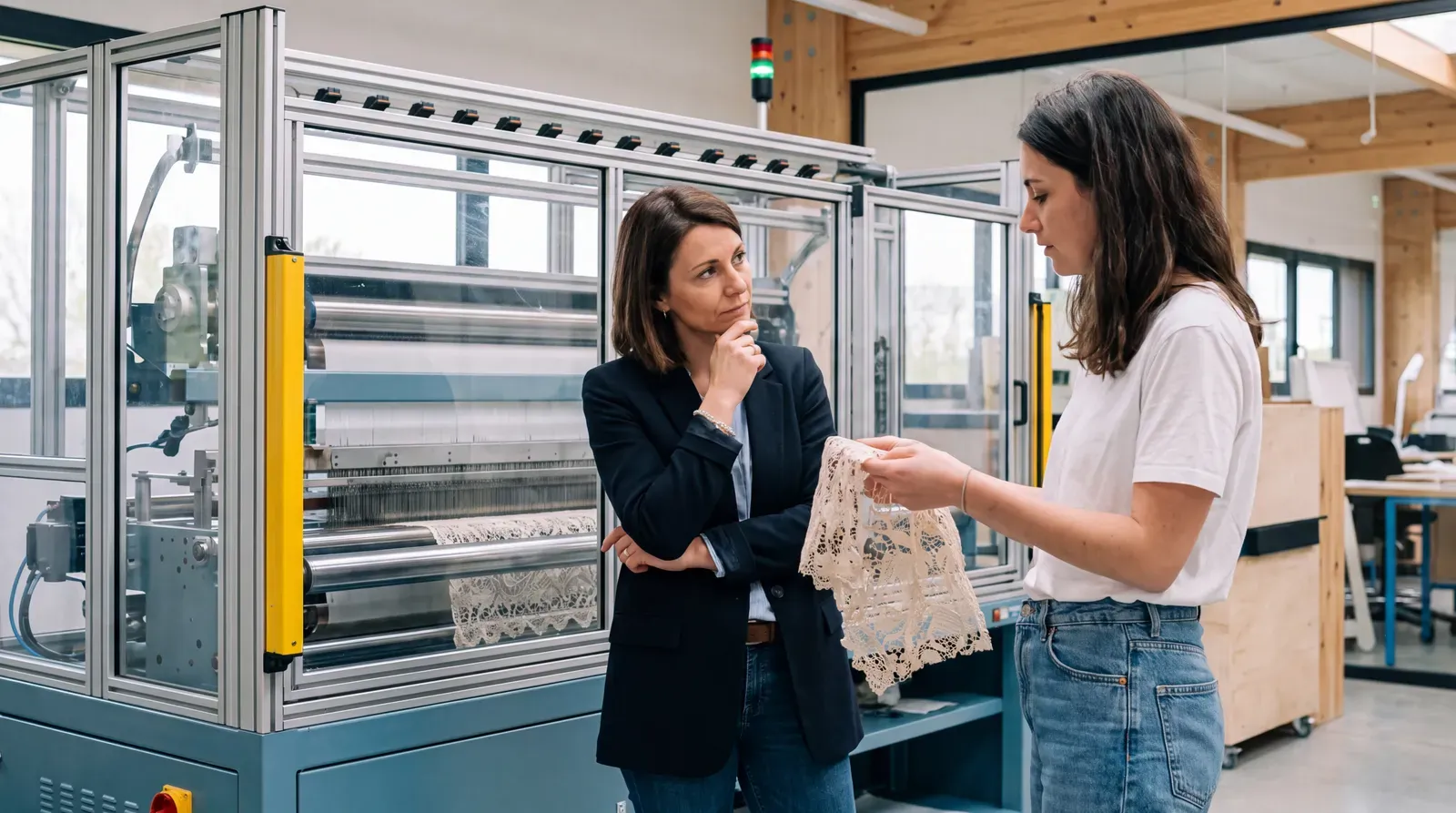Une candidate et un responsable discutent des exigences d’un poste dans un atelier textile.