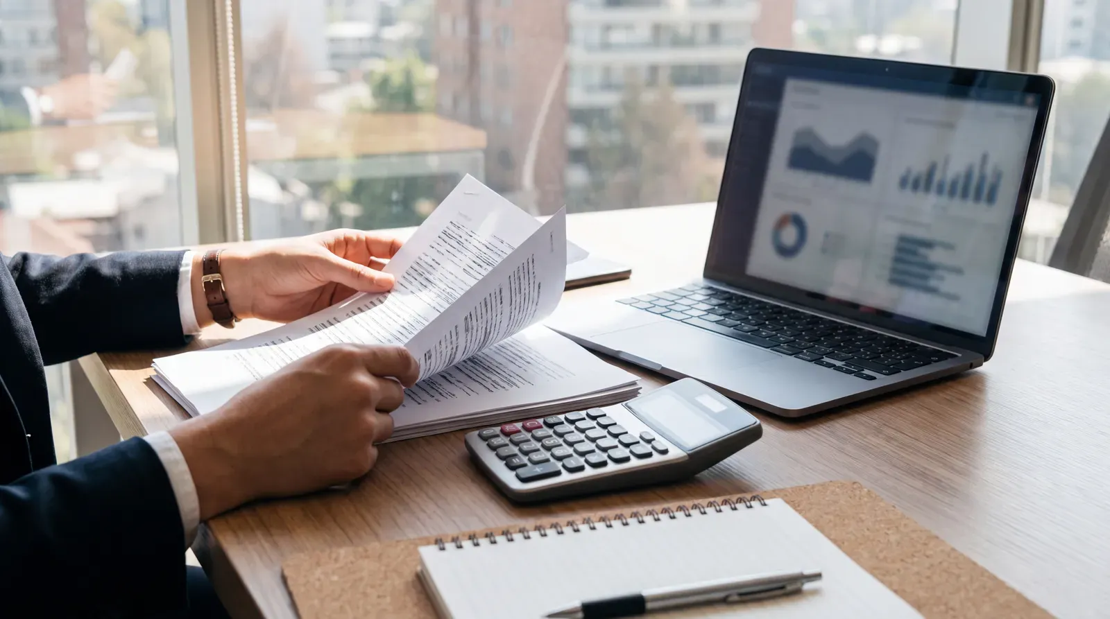 Mesa de trabajo con documentos y calculadora para revisar cifras laborales