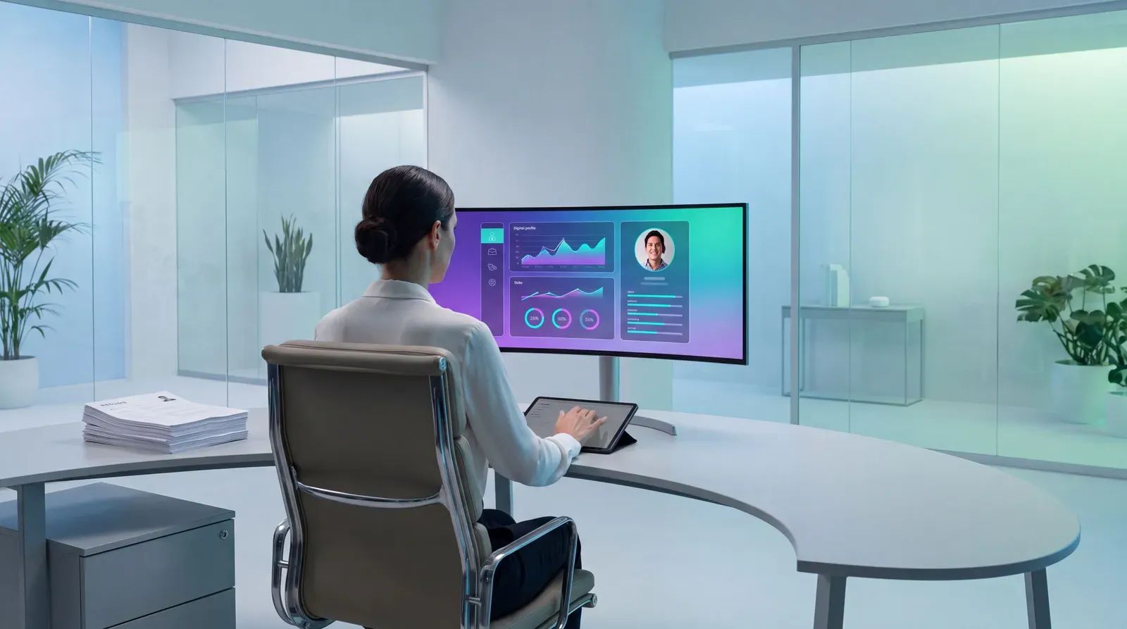 Recrutador compara currículos em papel com perfil digital