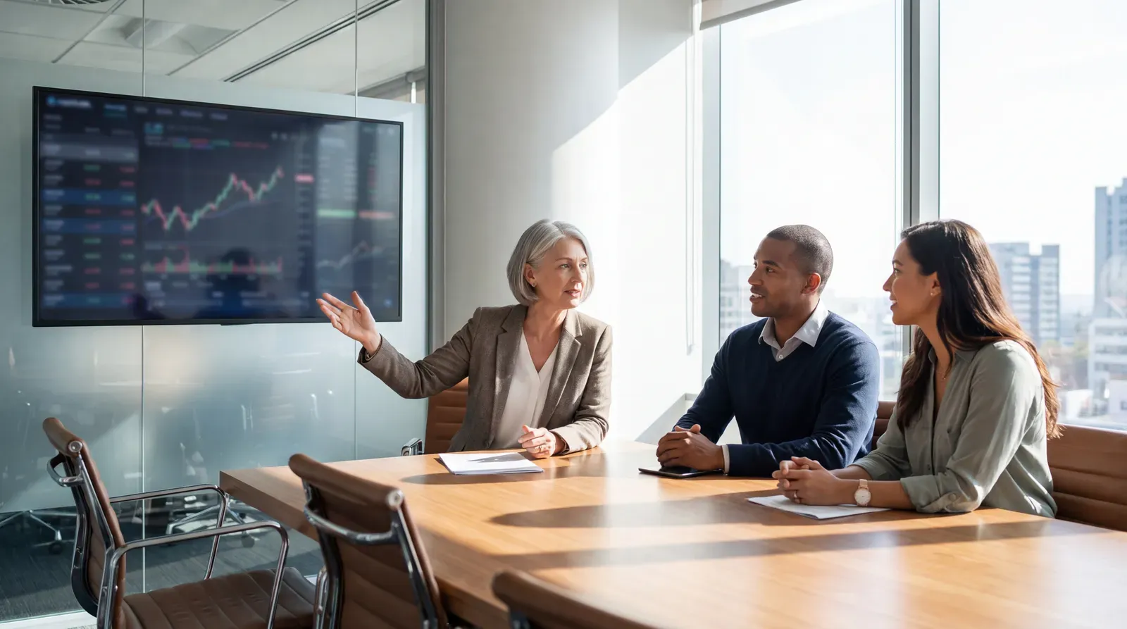 Senior finance candidate discussing strategic decisions with two recruiters