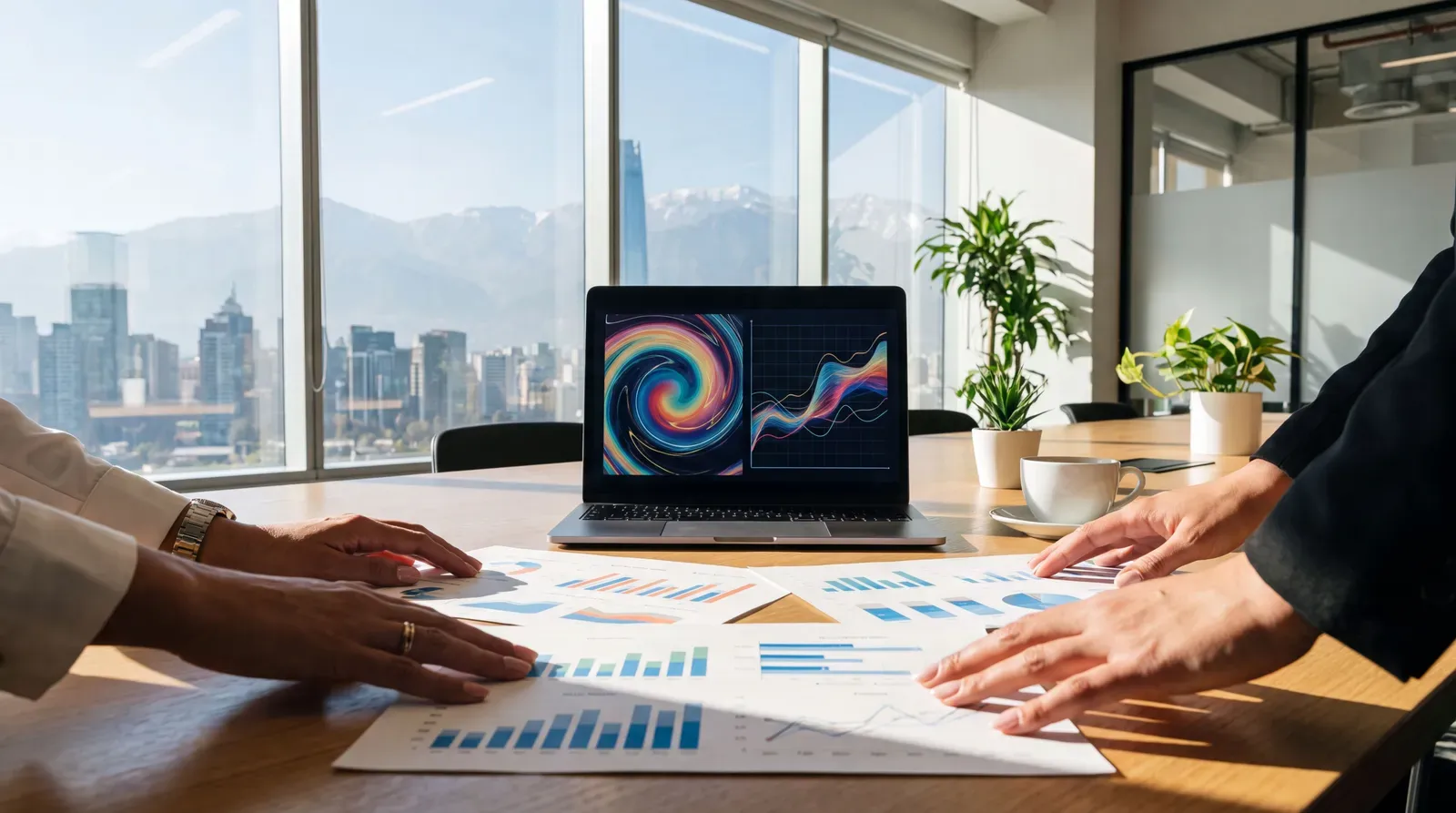 Datos laborales sobre una mesa junto a una laptop en una oficina moderna