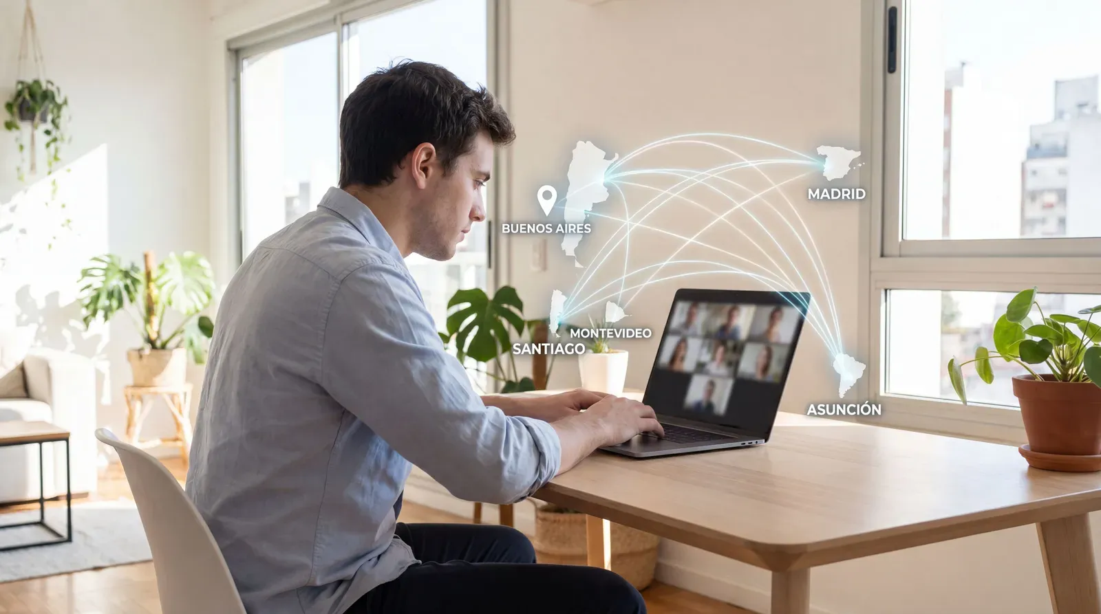 Trabajo remoto conectado digitalmente entre países hispanos