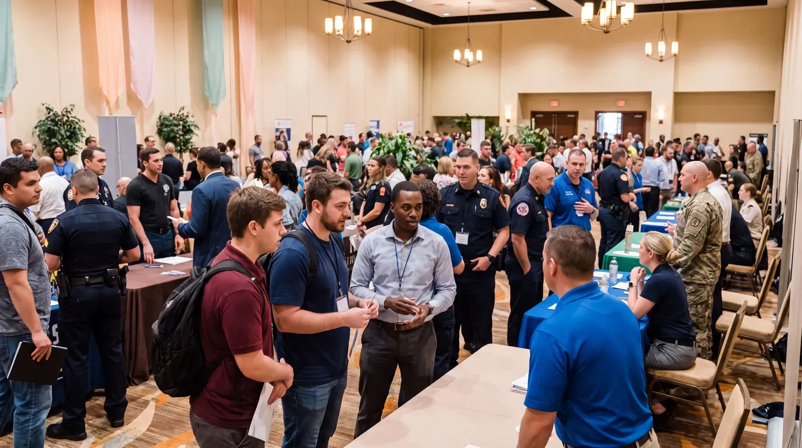 Candidates speaking with recruiters at a community hiring event