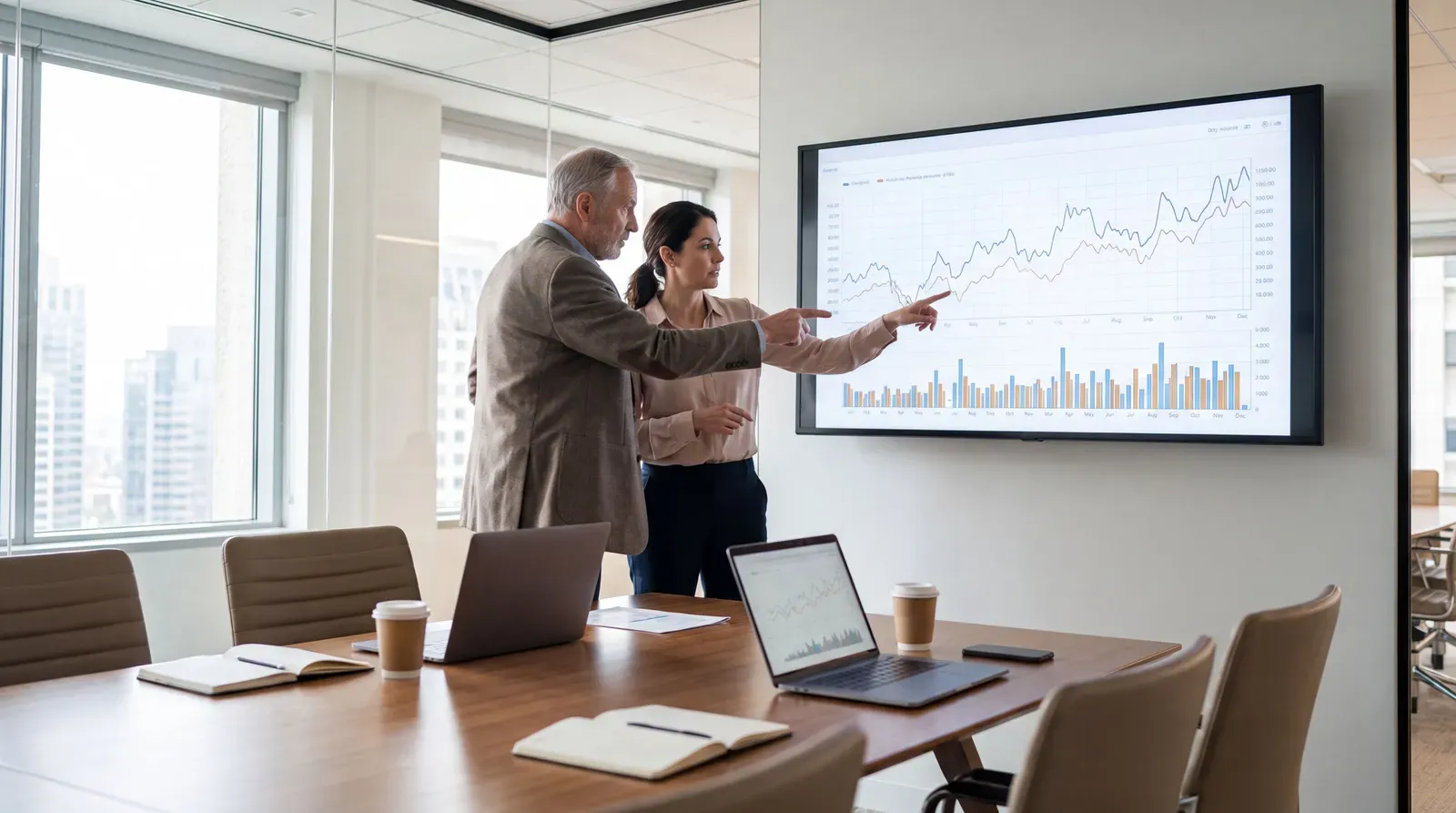 Profissionais analisam gráficos de produtividade e emprego