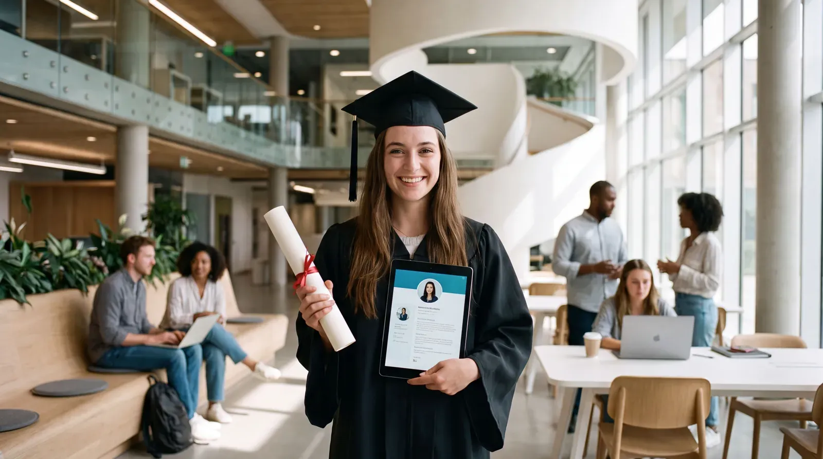 Jovem licenciada com diploma e perfil profissional digital