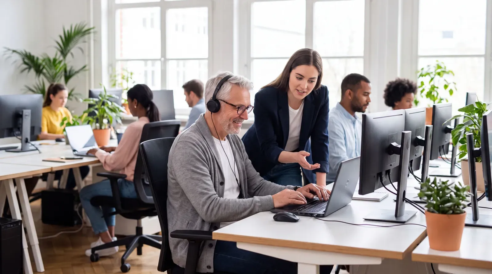Un salarié senior suit une formation numérique avec des outils accessibles