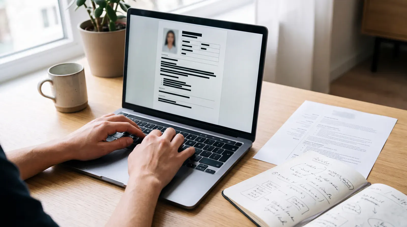 Une personne vérifie son CV sur ordinateur avant de déposer sa candidature.
