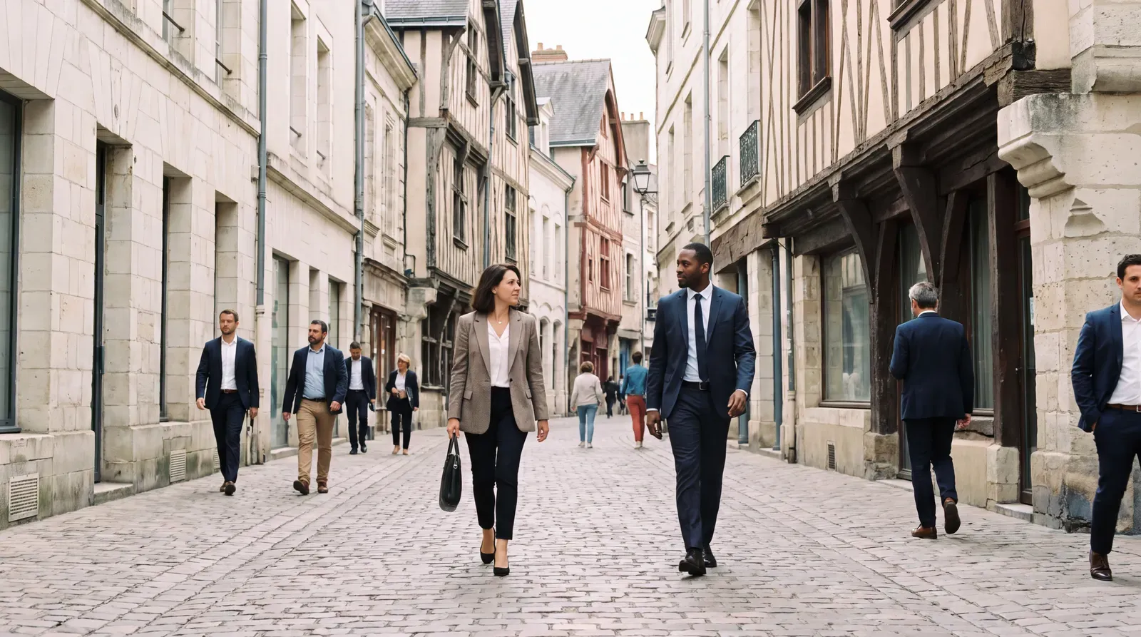 Des personnes traversent une rue de Tours pour rejoindre un rendez-vous professionnel.