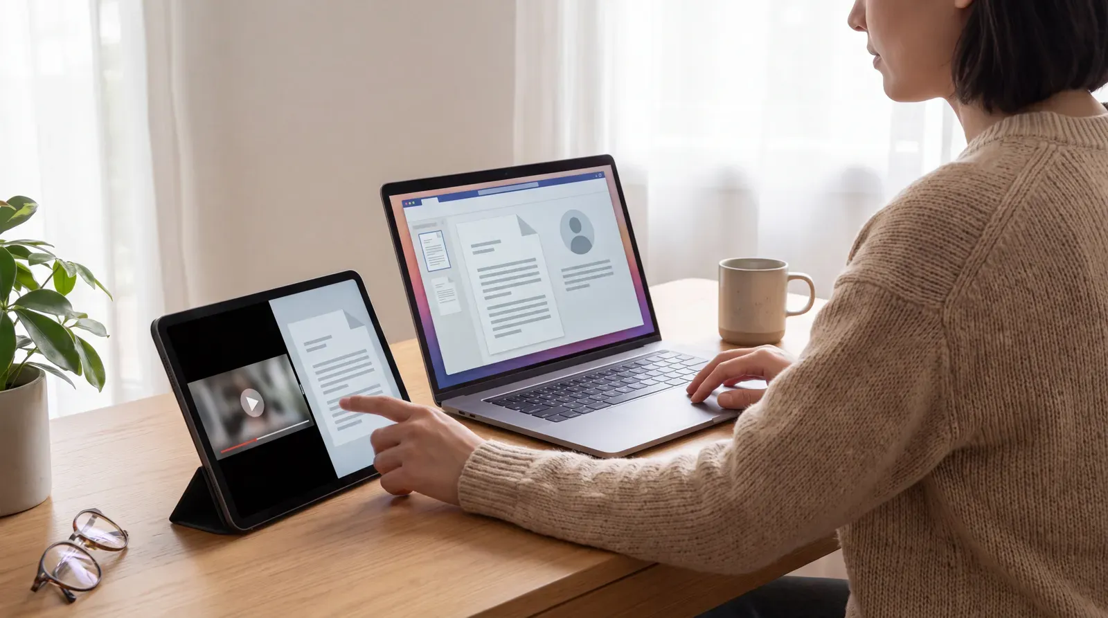 A job seeker comparing document layouts with a digital video profile