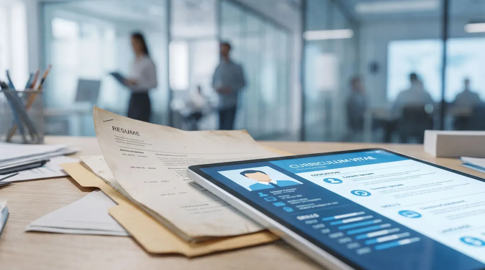 CV en papel frente a una interfaz de currículum virtual
