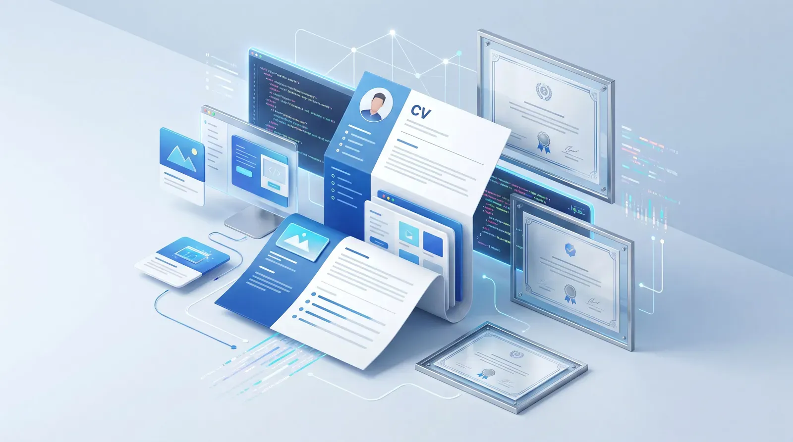 Currículum en papel rodeado de proyectos digitales y certificados