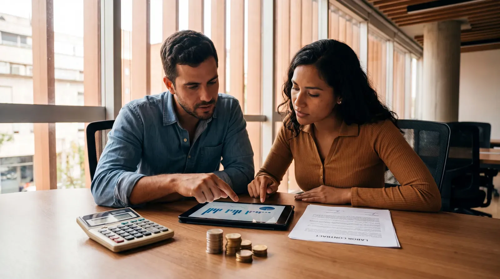 Personas analizan costos de contratación con gráficos y contrato laboral