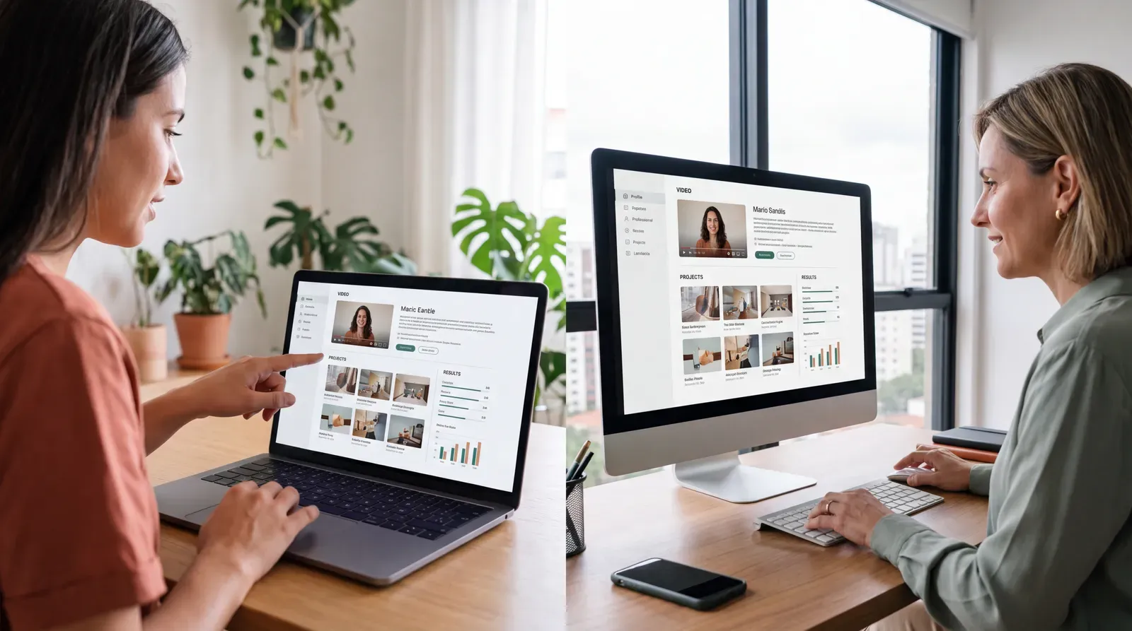 Candidata e recrutadora analisam resultados num perfil profissional digital