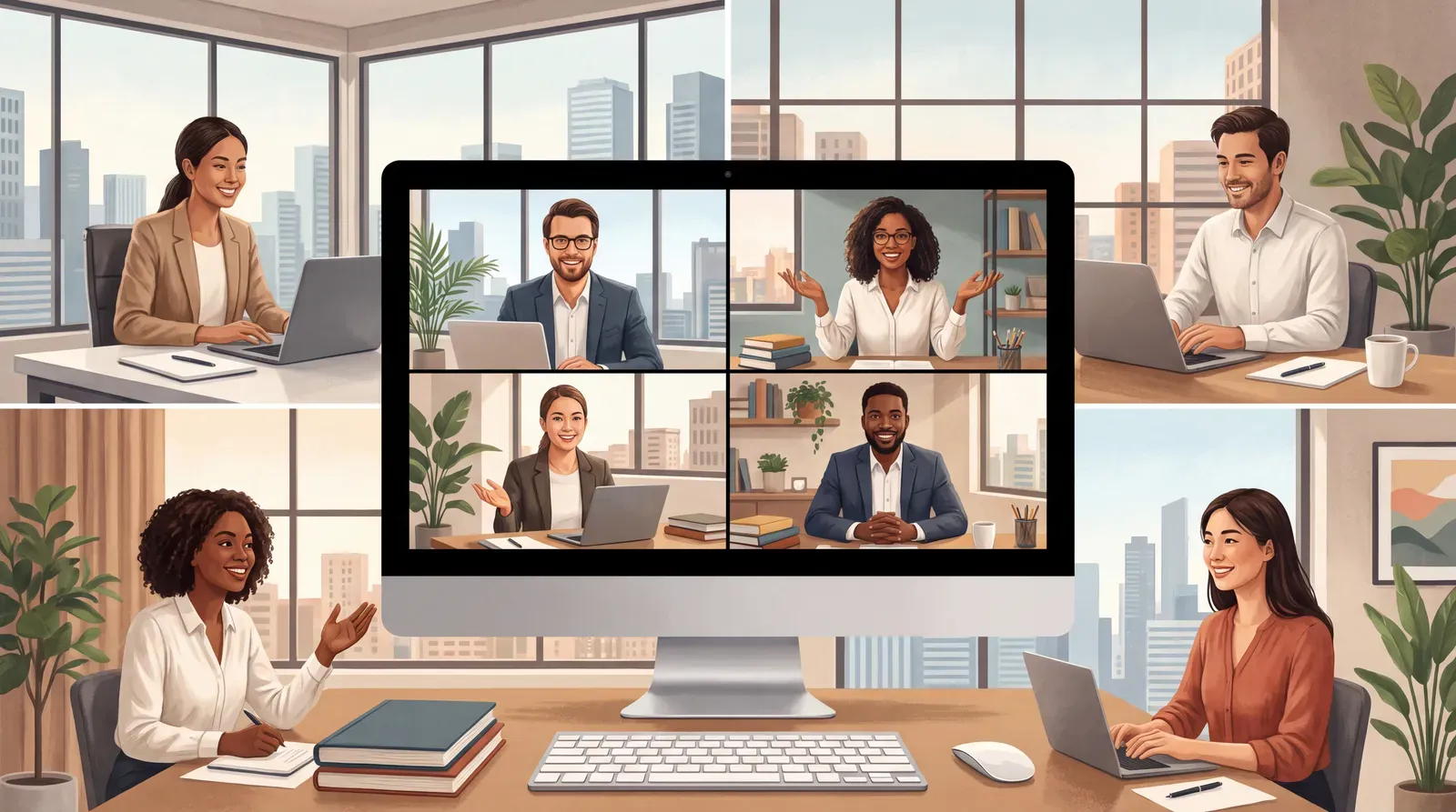Profesionales de distintos sectores colaborando en empleos remotos