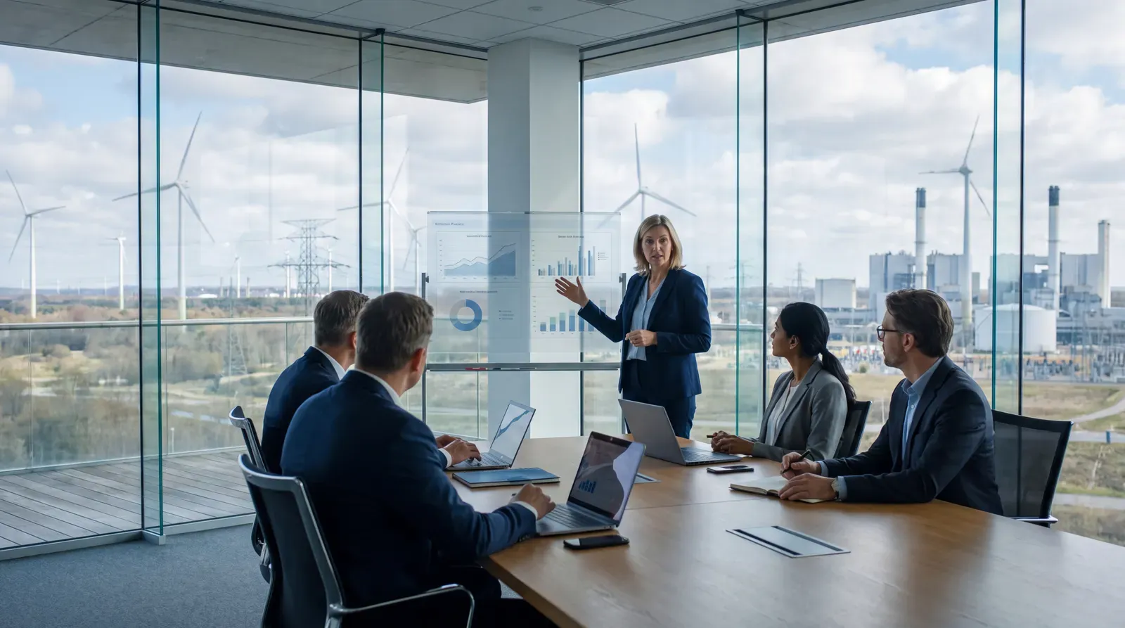 Finance leaders discussing capital strategy inside a modern energy company