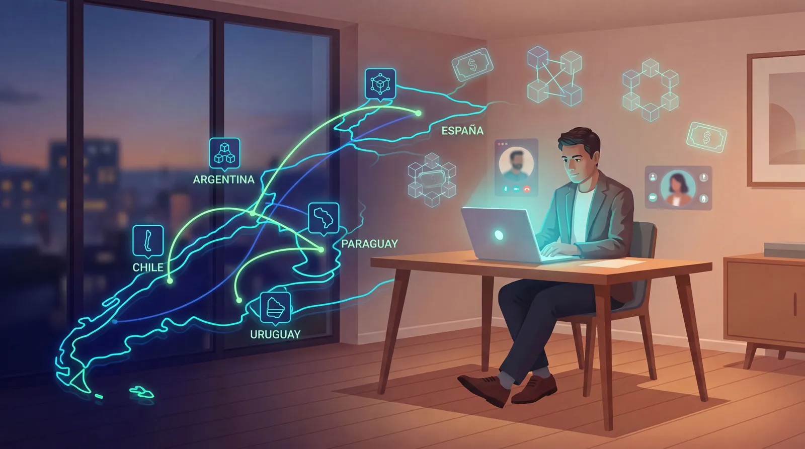 Persona trabajando remoto con conexiones digitales entre países hispanos
