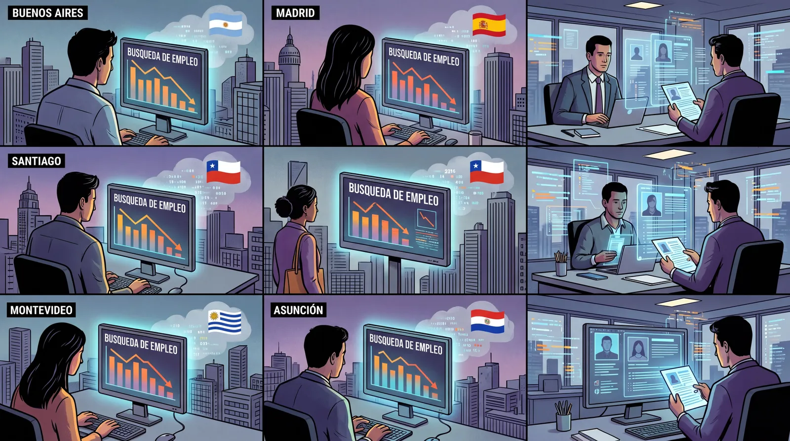 Personas buscando empleo y reclutadores revisando perfiles digitales en un mercado laboral tenso