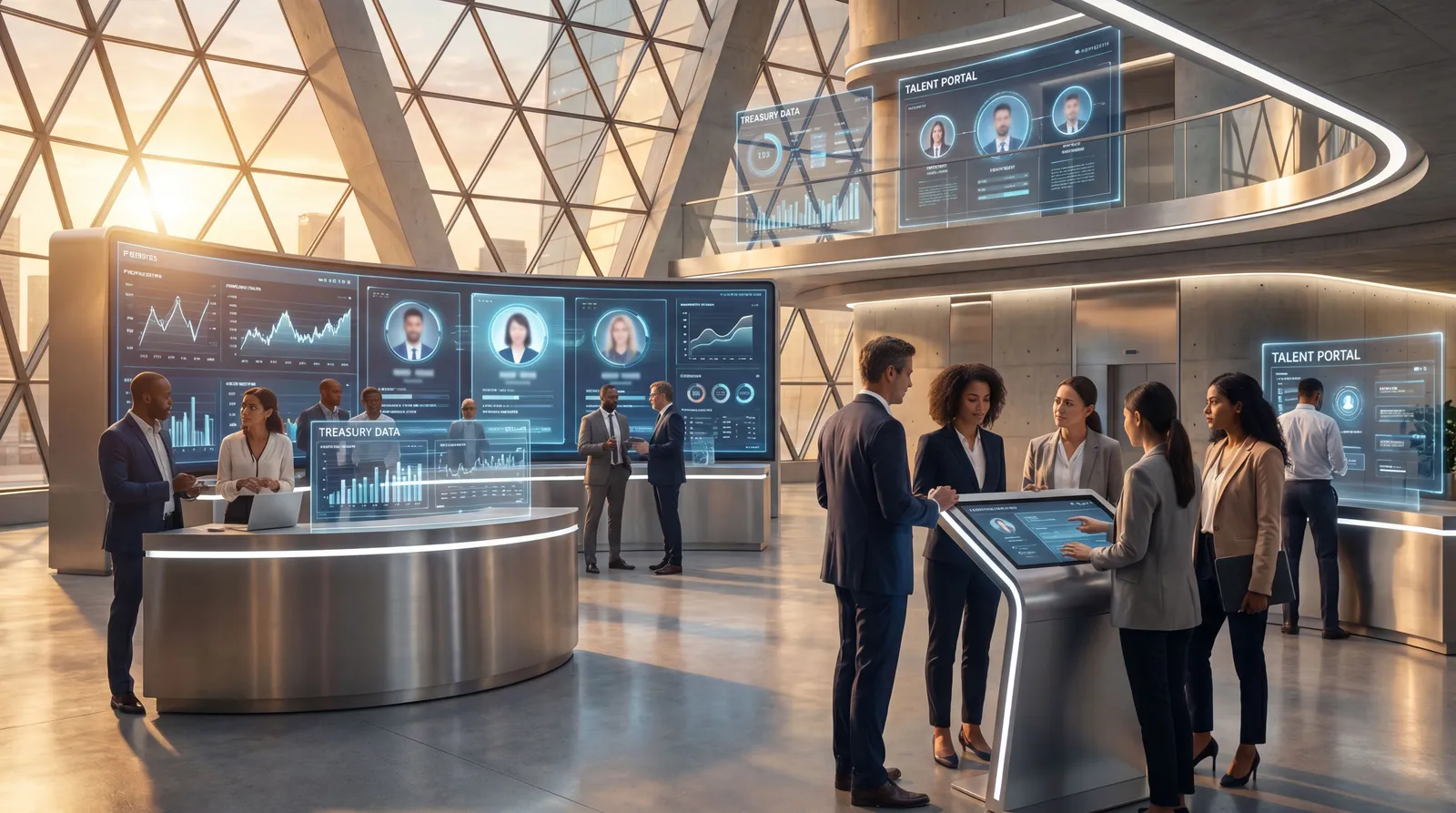 Digital CV profiles in a futuristic government finance hiring office