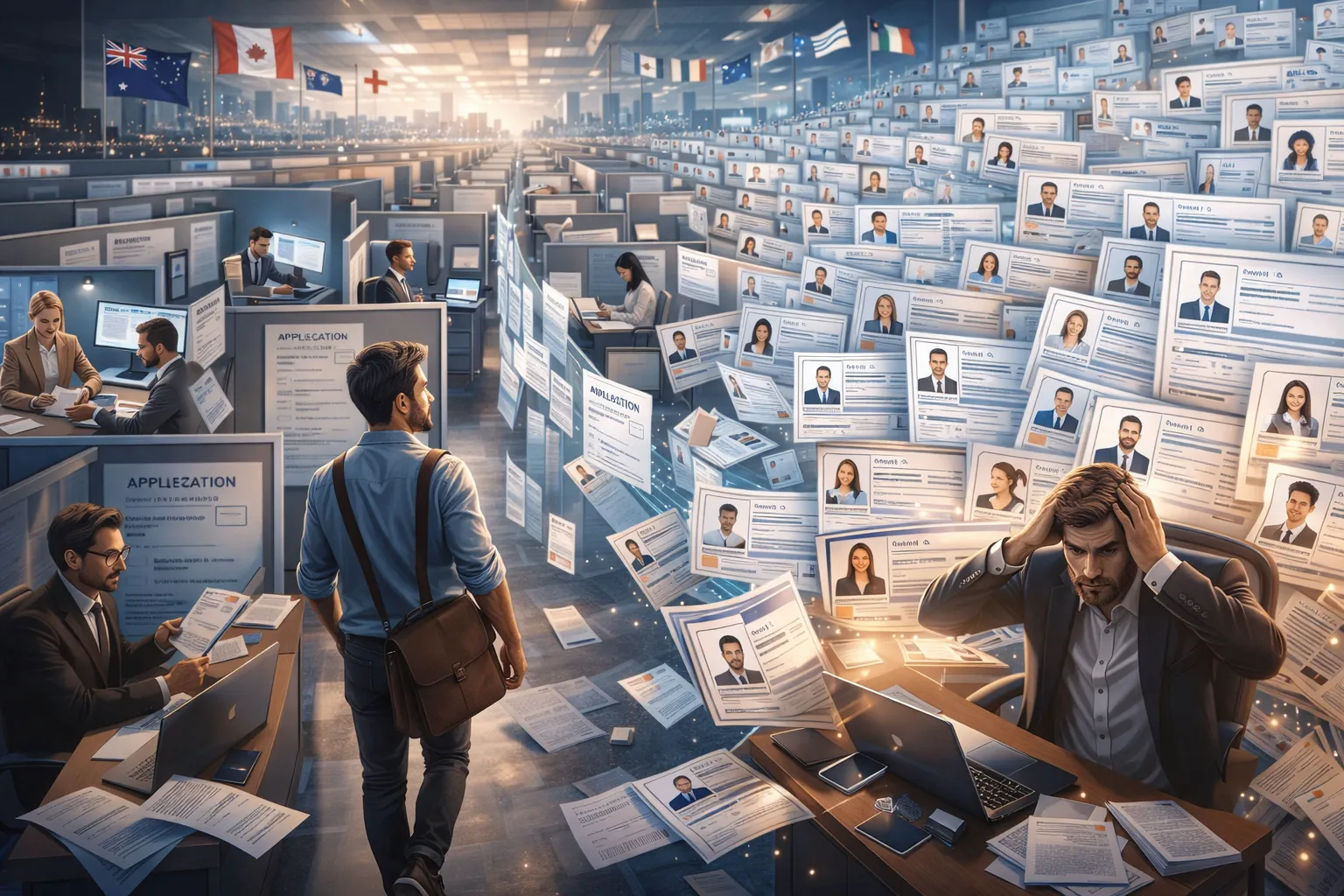 Job seeker navigating a maze of hiring steps while recruiters face a flood of applications