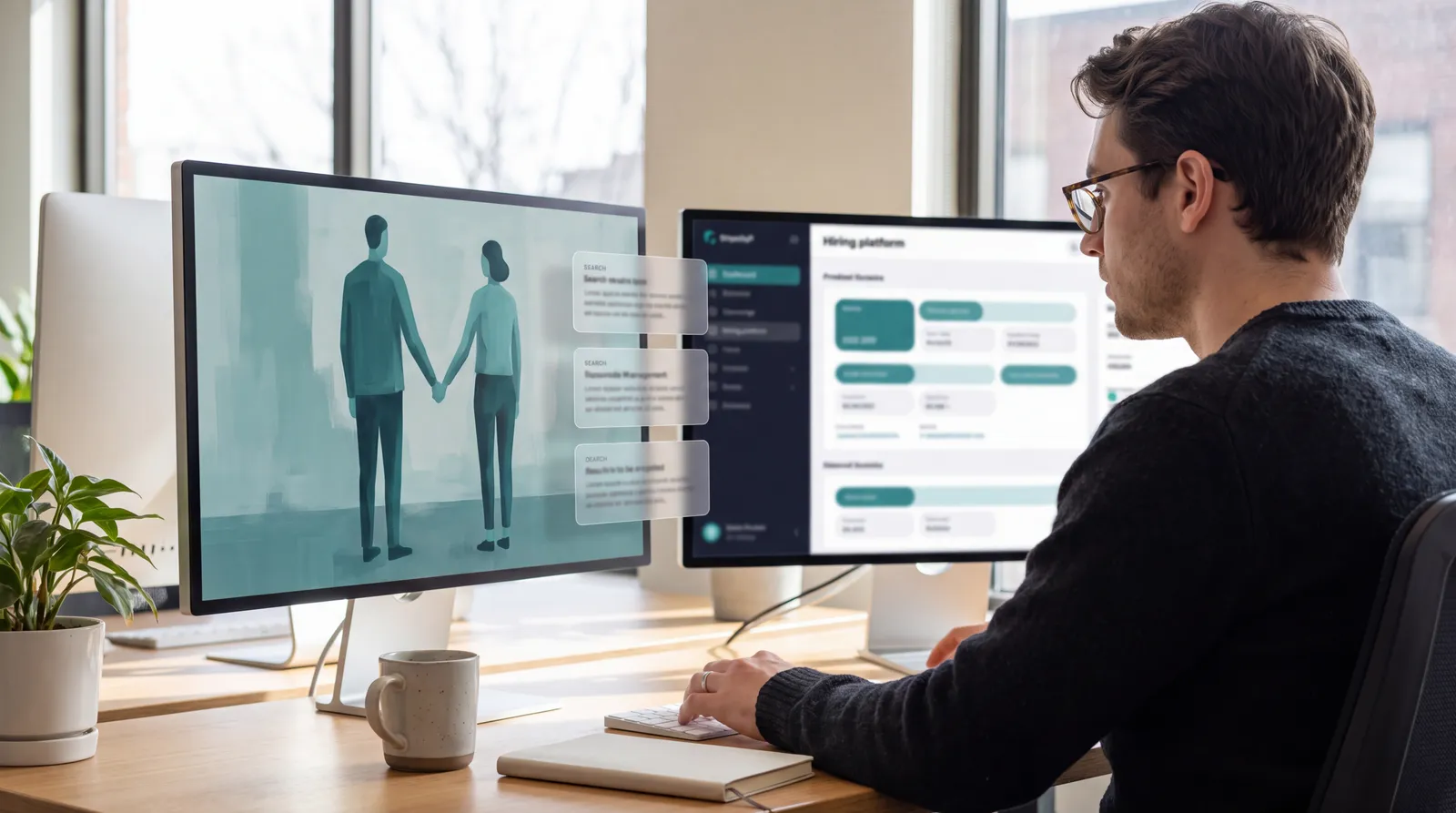 Researcher comparing teal artwork and hiring technology search results