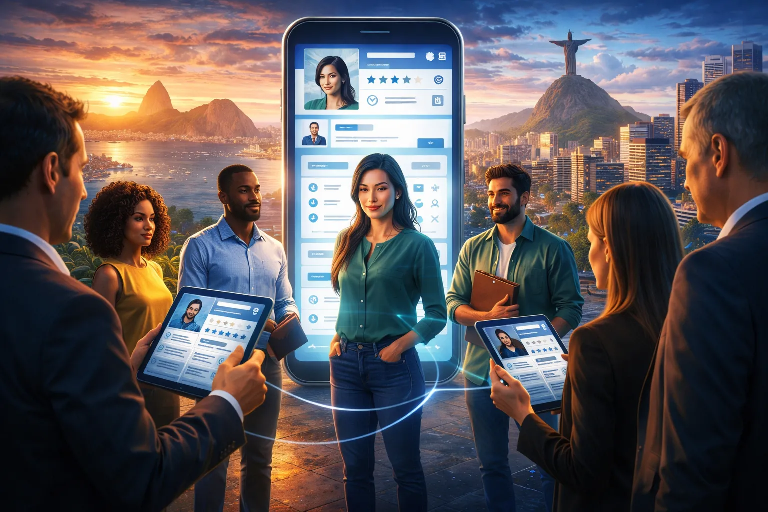 Candidatos e recrutadores a analisar perfis digitais num mercado de trabalho competitivo