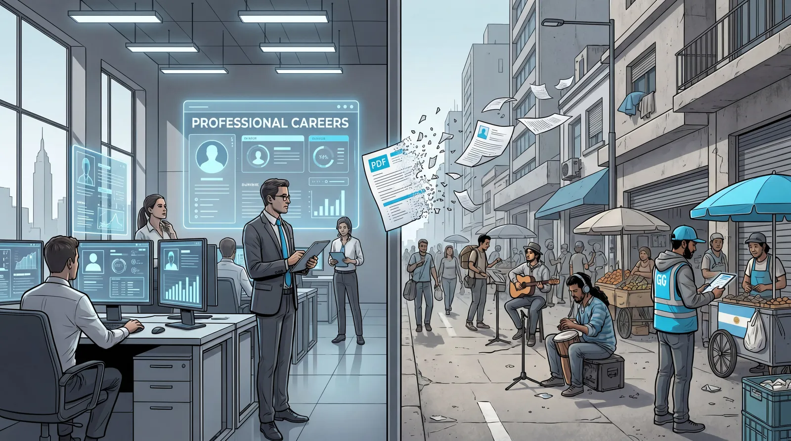 Escena sobre empleo formal e informal en Argentina con perfiles digitales y CV en papel en segundo plano