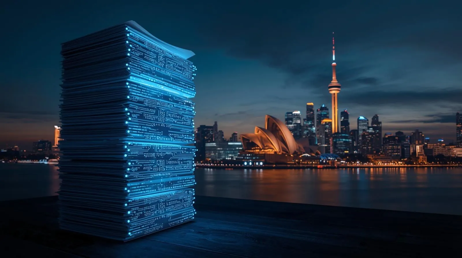 Stack of paper resumes dissolving into a glowing AI circuit board and modern skills dashboard, with an Australian city skyline in the background, symbolizing the shift from PDF CVs to AI-driven hiring.