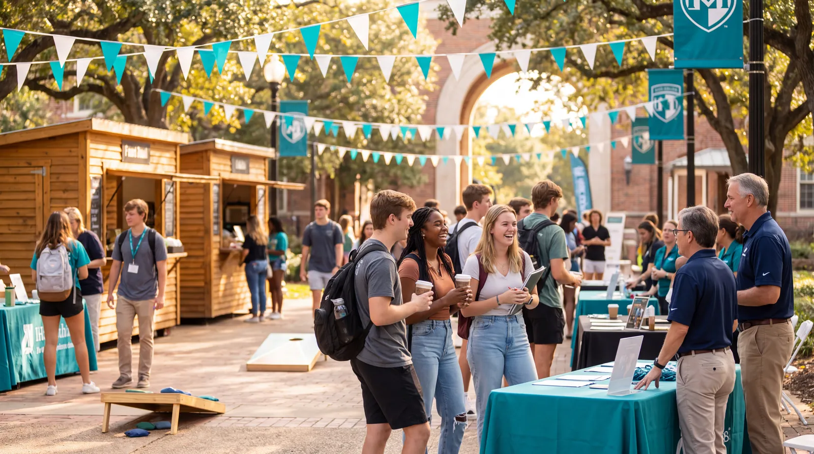Students connecting at a teal-themed college campus event