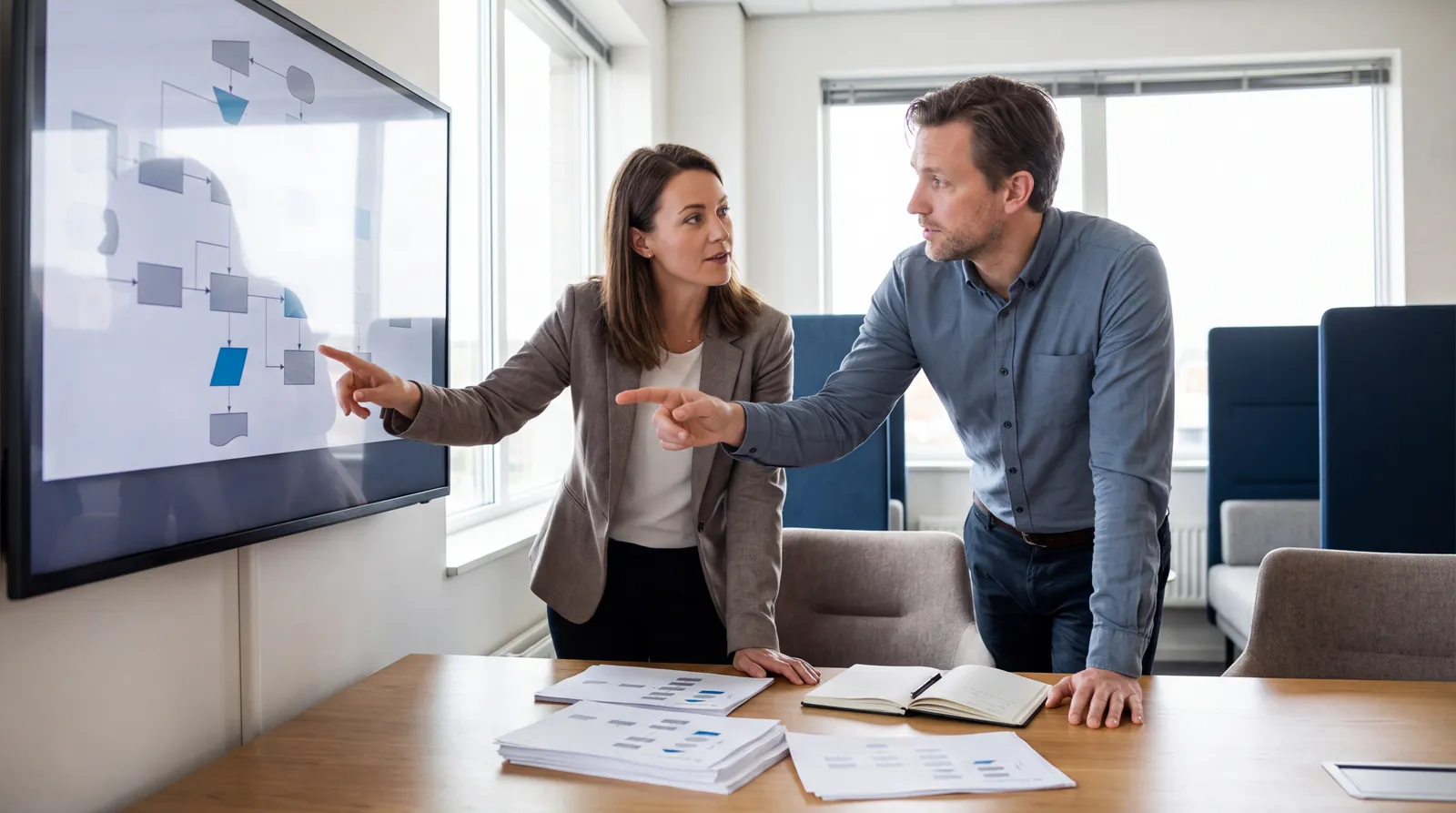 Recruiter and hiring manager reviewing an enterprise systems project before interviewing SAP applicants