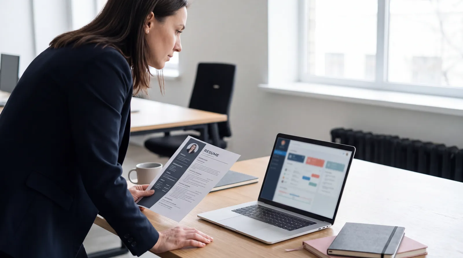 Recruiter comparing a printed resume with a structured digital candidate profile