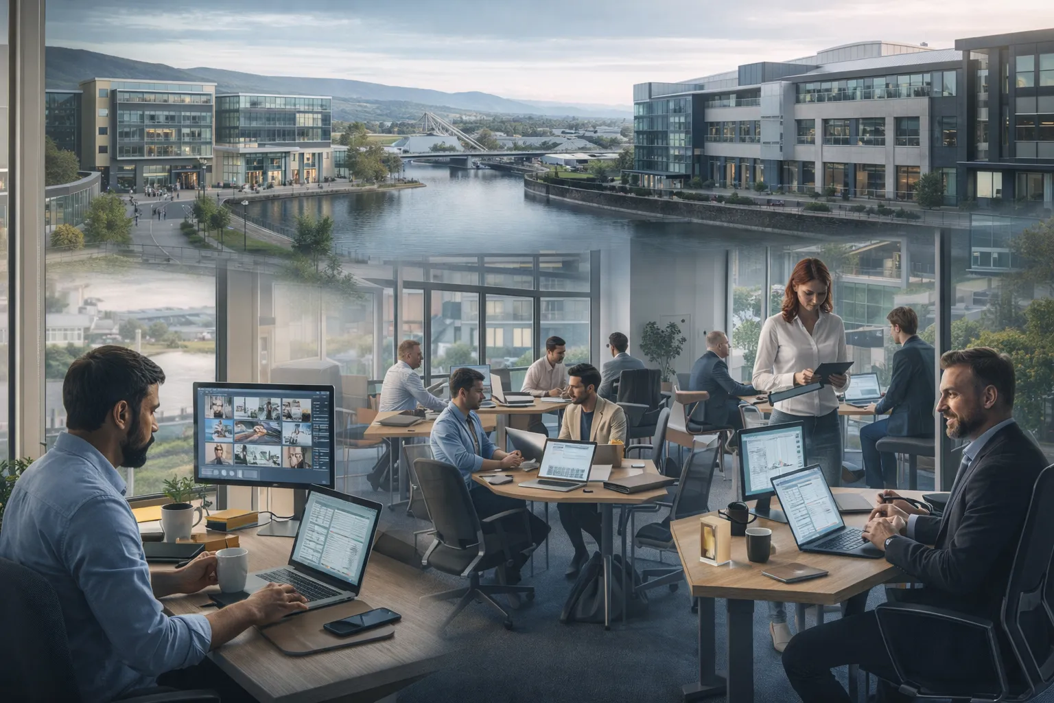 Professionals in Deeside working across a local hub, home office and hybrid workplace