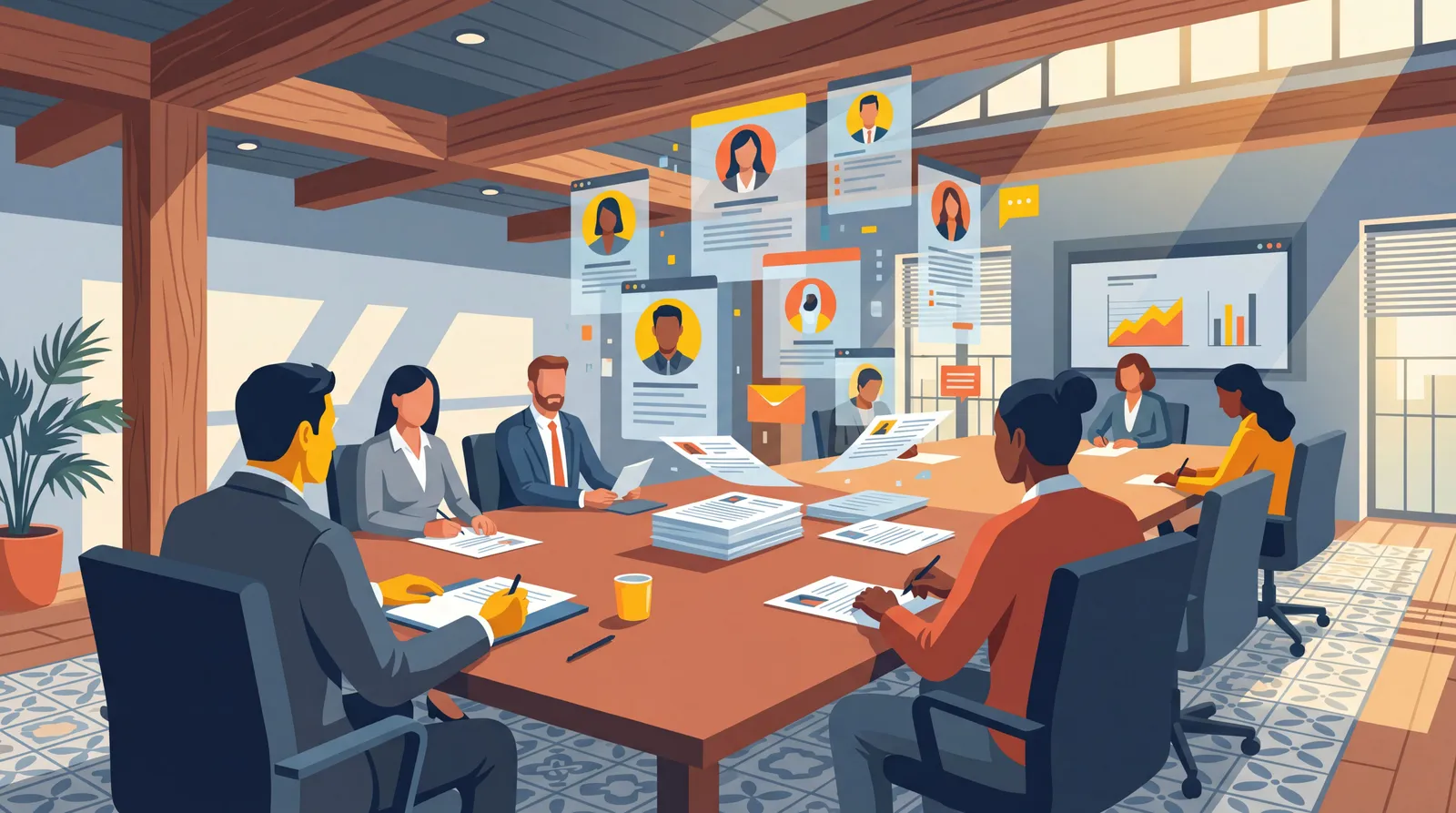 Mesa laboral con CV en papel transformándose en perfiles digitales frente a reclutadores y candidatos