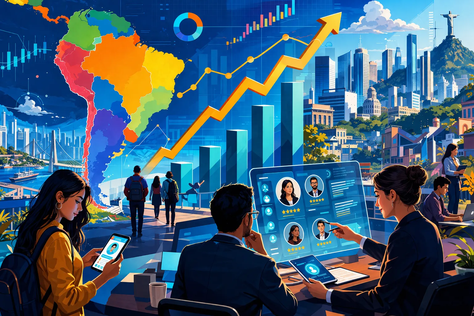 Visual del mercado laboral regional con candidatos, reclutadores y gráficos de empleo en una interfaz digital