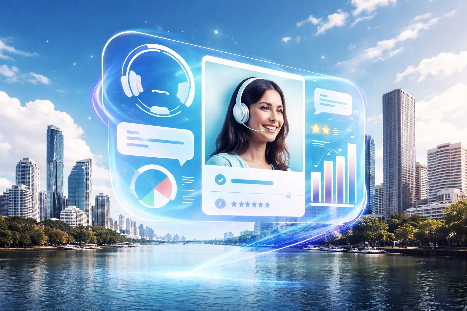 Surreal Brisbane skyline with customer service icons turning into a digital profile card
