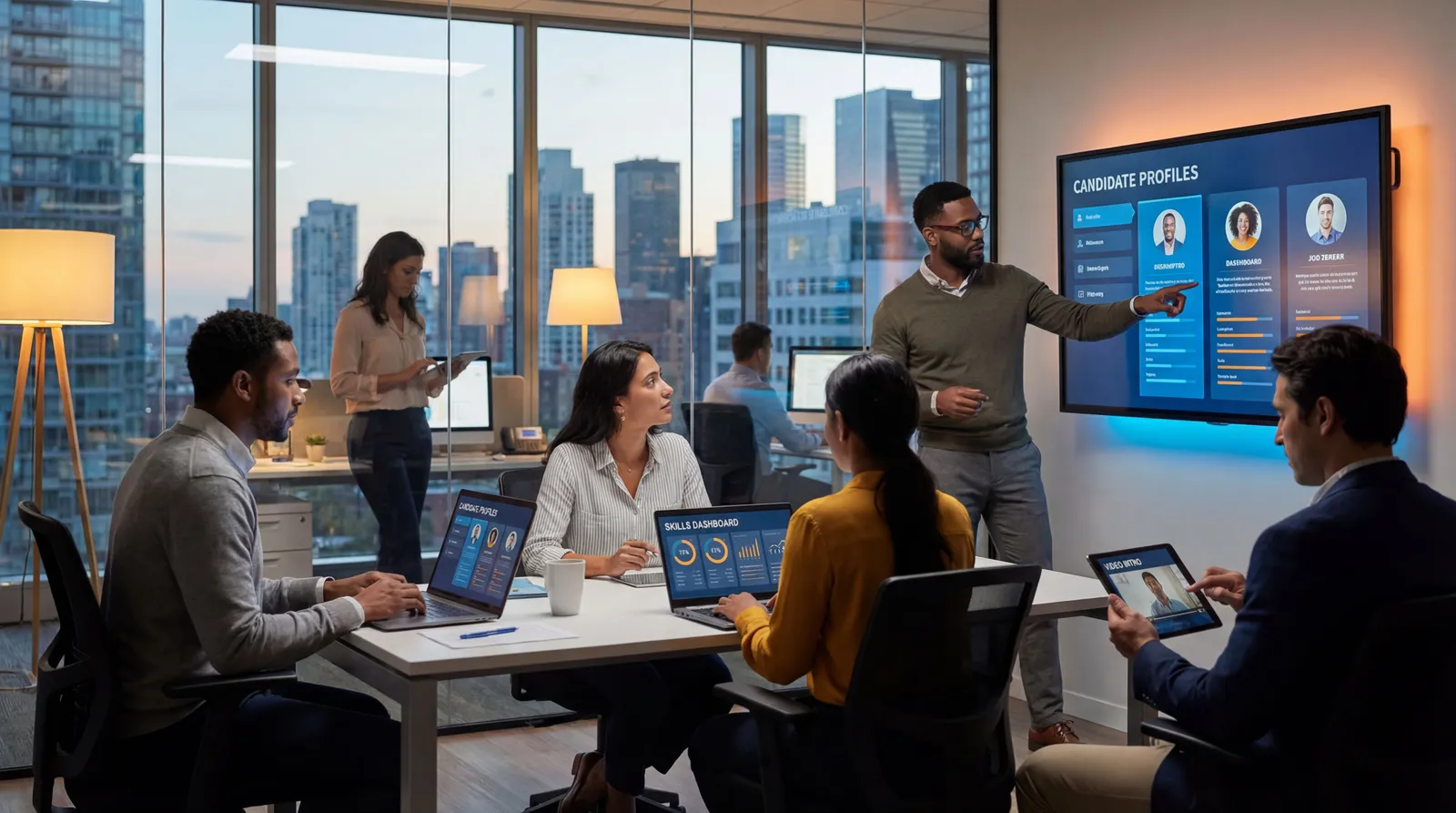 Recruiters reviewing digital candidate profiles instead of paper resumes in a modern office